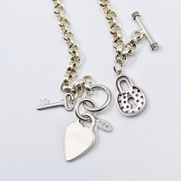 Heart, lock and key toggle necklace