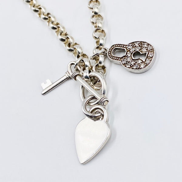 Heart, lock and key toggle necklace