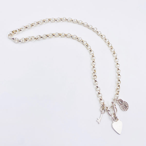 Heart, lock and key toggle necklace