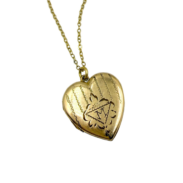 Vintage Initial M Gold Filled Heart Locket Necklace