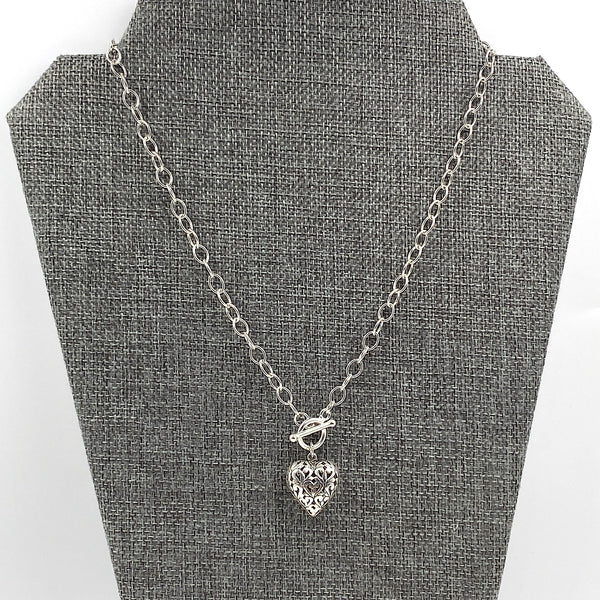 Filagree Puffy Heart Charm Sterling Toggle Necklace