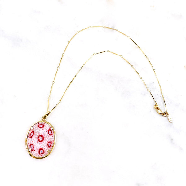 Gold Necklace with Red and White Murano Glass Millefiori Pendant