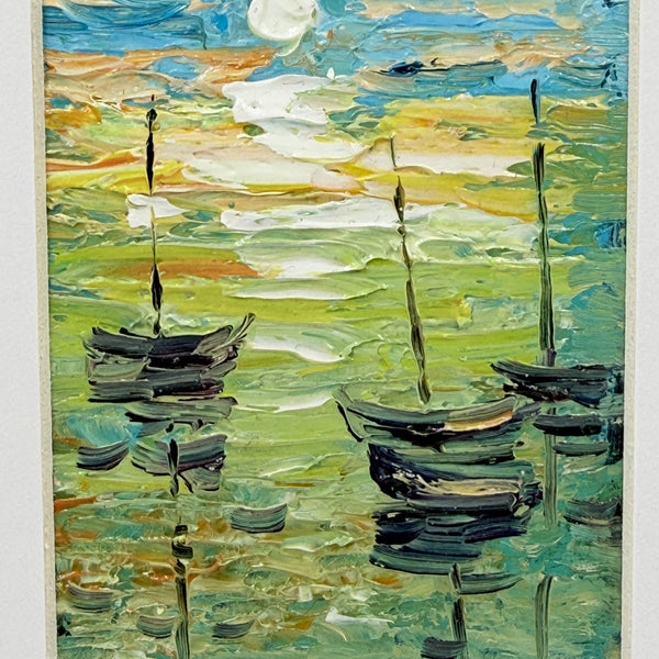 Artistic depiction of boats on water with a colorful background