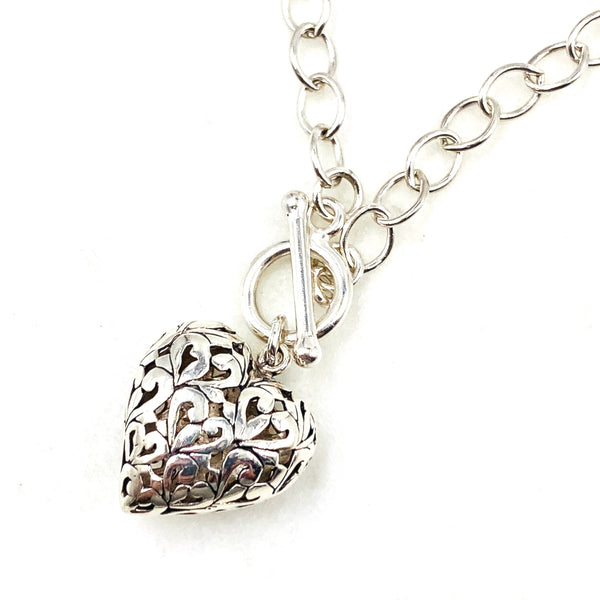 Filagree Puffy Heart Charm Sterling Toggle Necklace