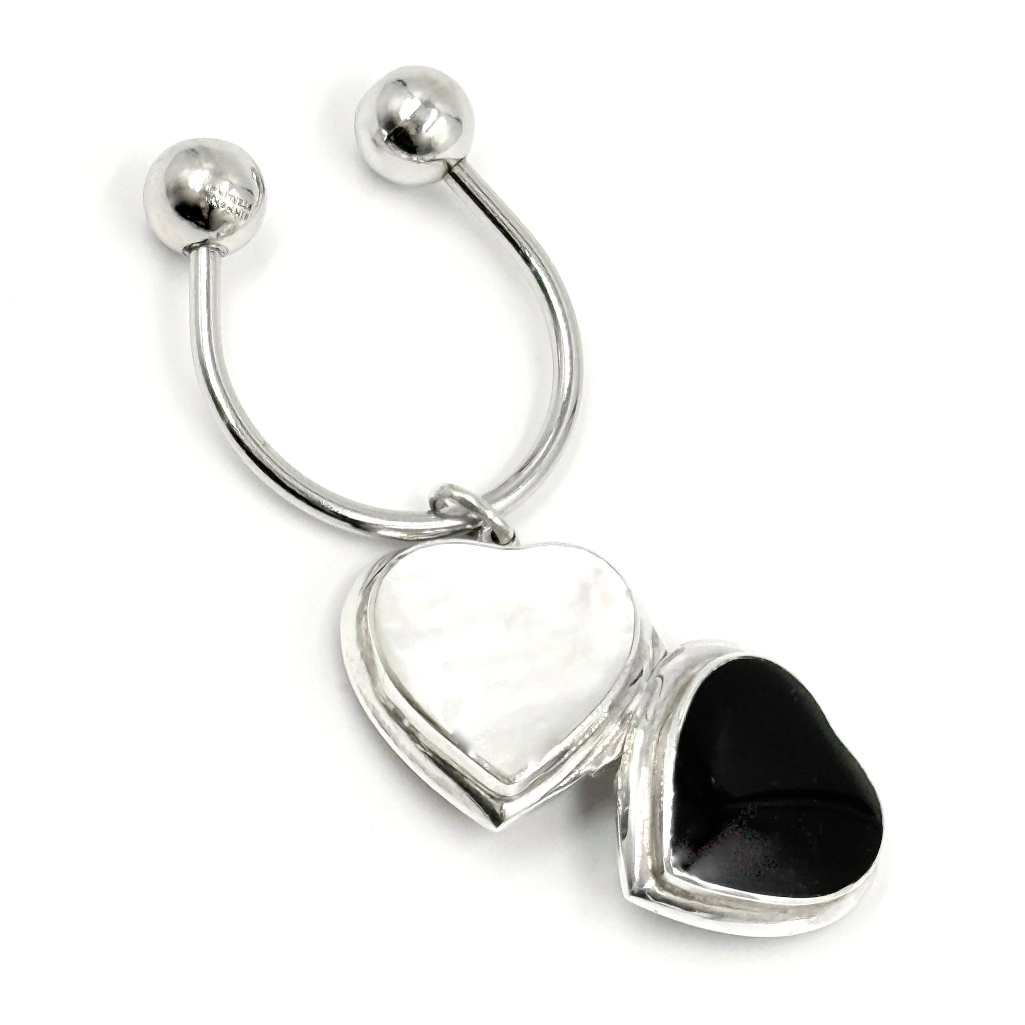 Sterling Silver Double-Sided Onyx & Pearl Heart Locket Keyring