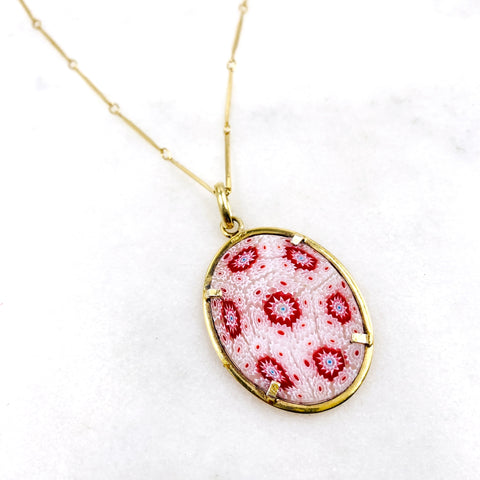 Gold Necklace with Red and White Murano Glass Millefiori Pendant