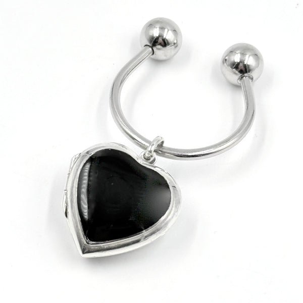 Sterling Silver Double-Sided Onyx & Pearl Heart Locket Keyring