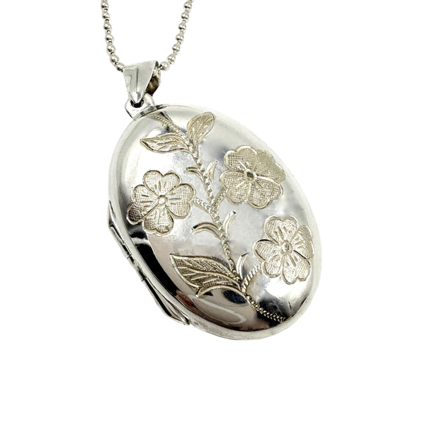 2-Tone Sterling Silver Oval Floral Locket Necklace