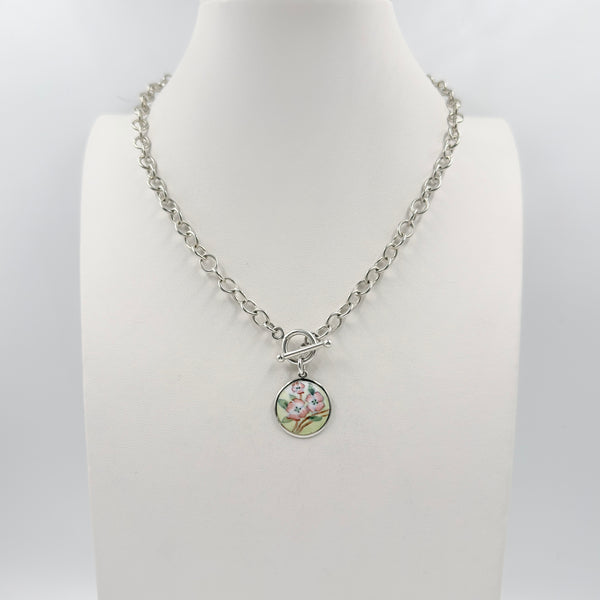 vintage sterling toggle necklace floral enamel charm pink green 1946