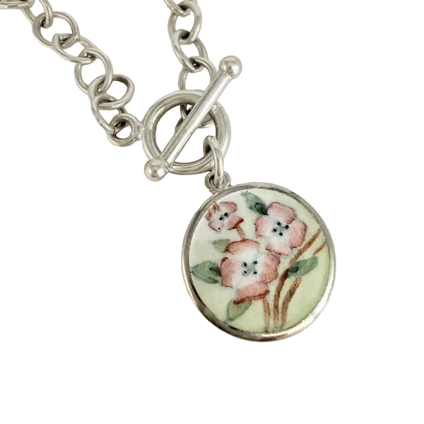 vintage sterling toggle necklace floral enamel charm pink green 1946