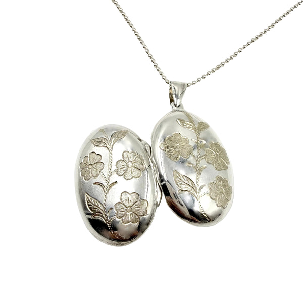 2-Tone Sterling Silver Oval Floral Locket Necklace
