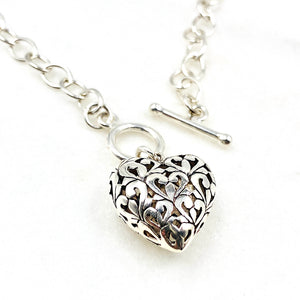 Jezlaine Filagree Puffy Heart Charm Pendant Sterling Toggle Necklace