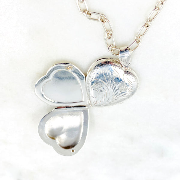 Four-Picture Sterling Silver Etched Heart Locket Necklace