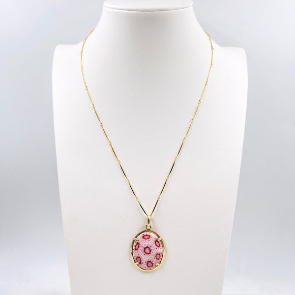 Gold Necklace with Red and White Murano Glass Millefiori Pendant
