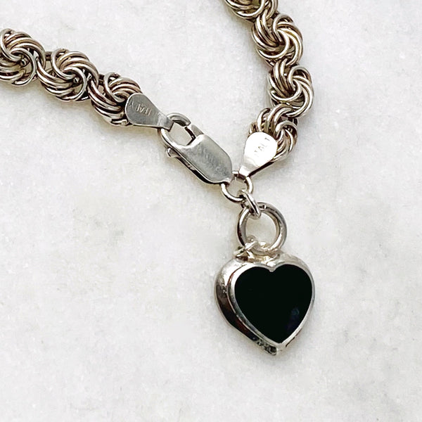 Sterling Silver PInwheel Bracelet with Onyx Heart Charm