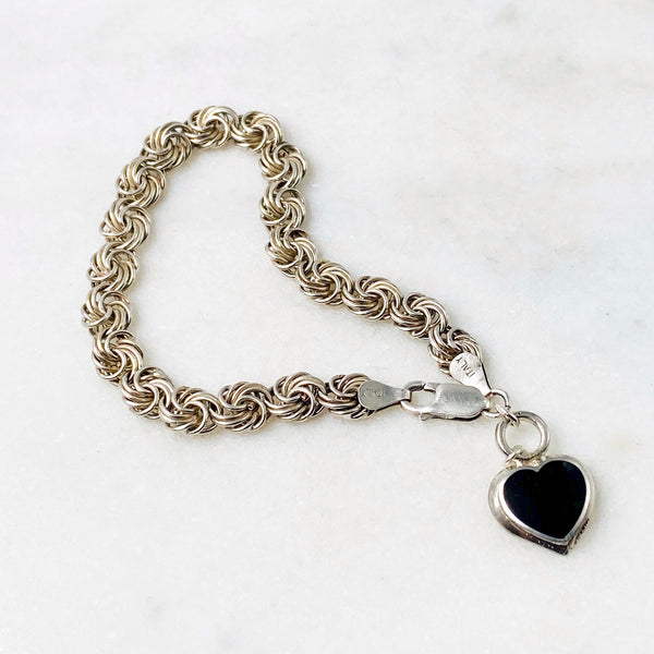 Sterling Silver PInwheel Bracelet with Onyx Heart Charm