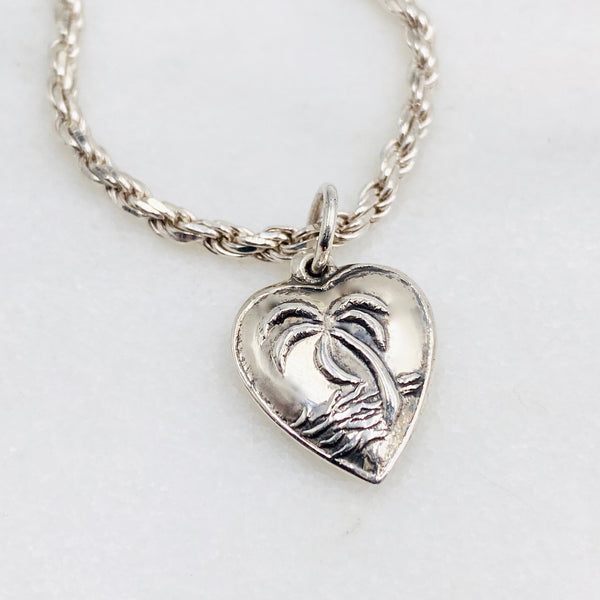 Tropical Scene Puffy Heart Sterling Silver Charm Bracelet